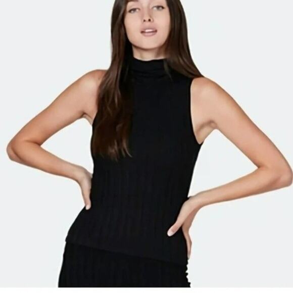 Black Sleeveless Mock Neck Ribbed Top, Capsule, Staple, minimalist, Career L - Picture 1 of 10